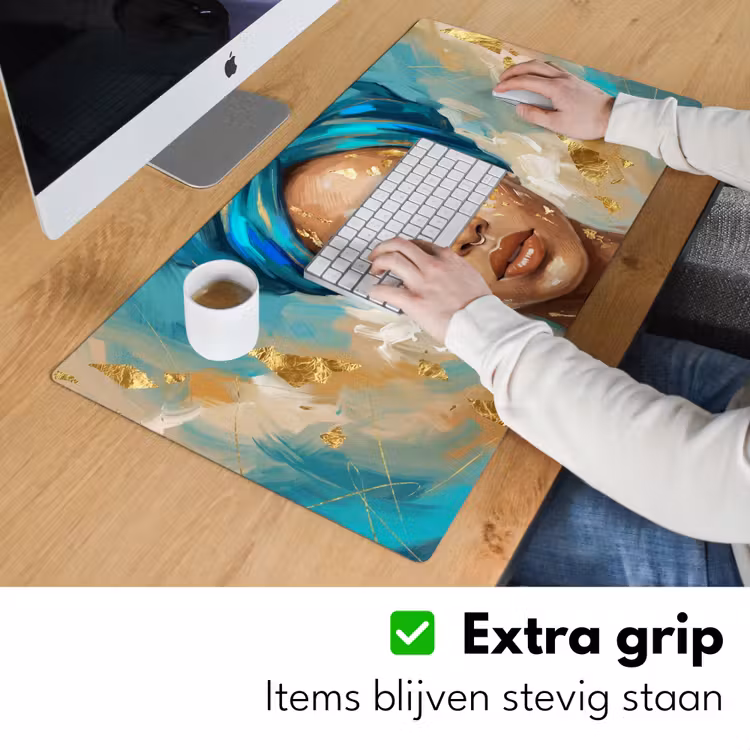 Bureau onderlegger - Portret - Vrouw - Schilderij - Blauw - Goud - Expressief — 6