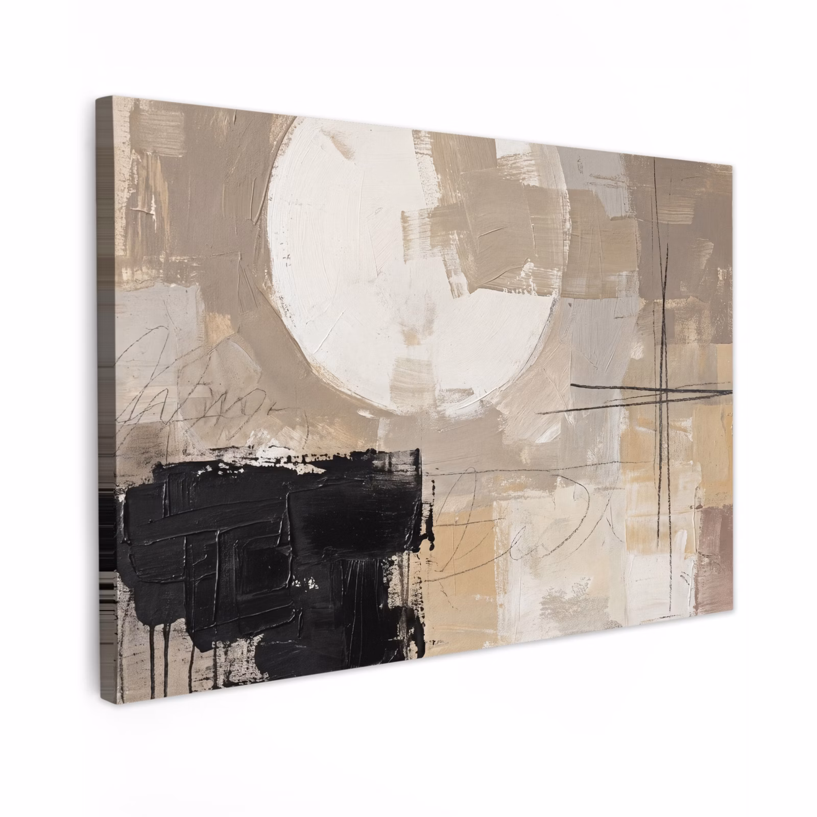 Canvas schilderij - Abstract - Cirkel - Modern - Beige - Zwart - Minimalistisch — 1