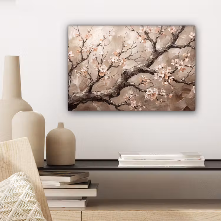 Canvas schilderij - Bloesem - Takken - Schilderij - Beige - Serene — 5
