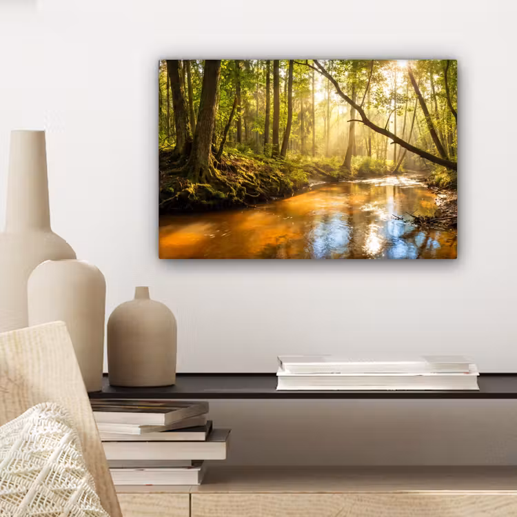 Canvas schilderij - Bos - Beek - Zonlicht - Natuur - Groen — 5