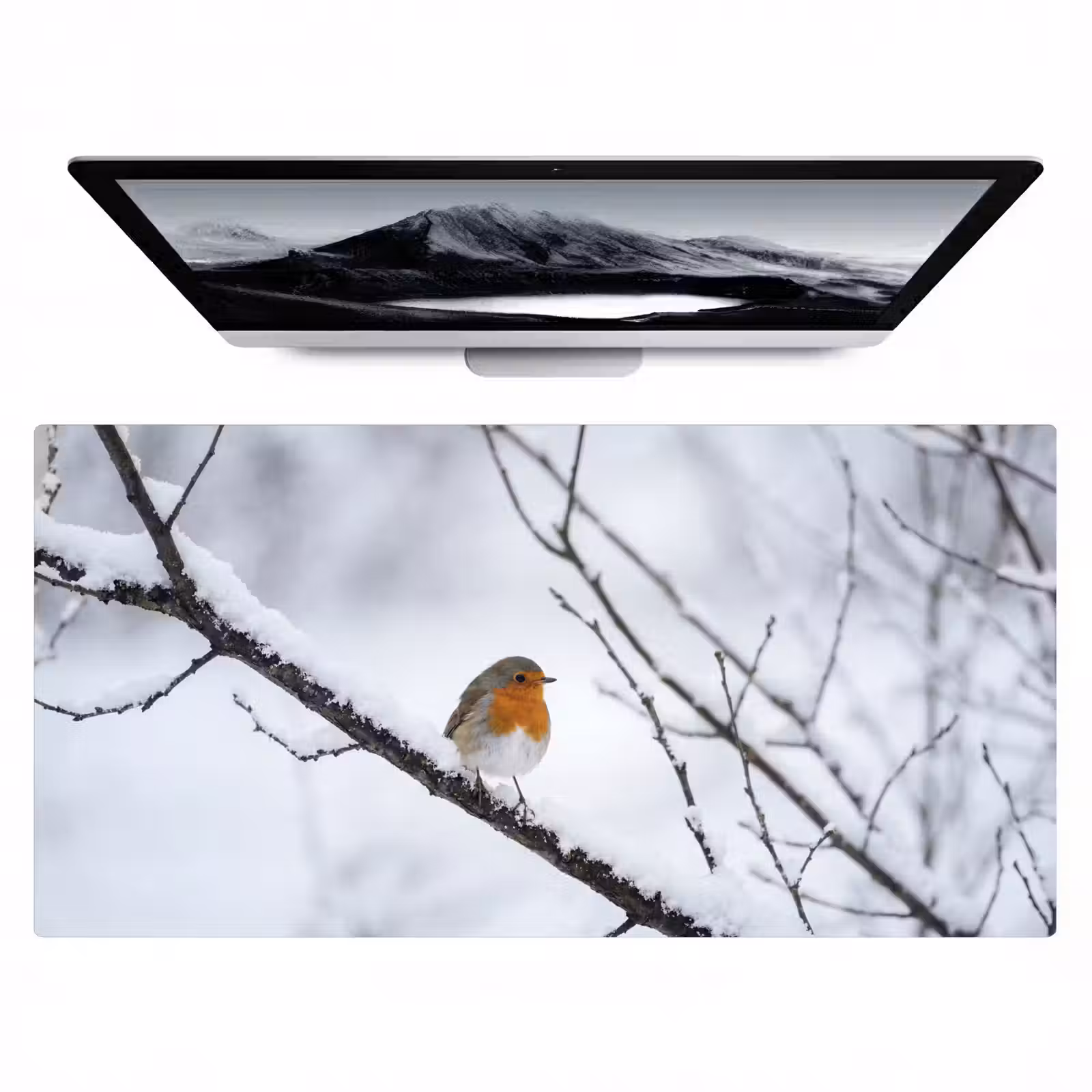 Bureau onderlegger - Roodborstje - Tak - Sneeuw - Winter - Levendig — 1