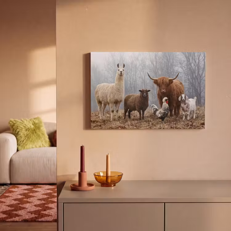 Canvas schilderij - Boerderijdieren - Groep - Mist - Natuur - Rustiek — 2