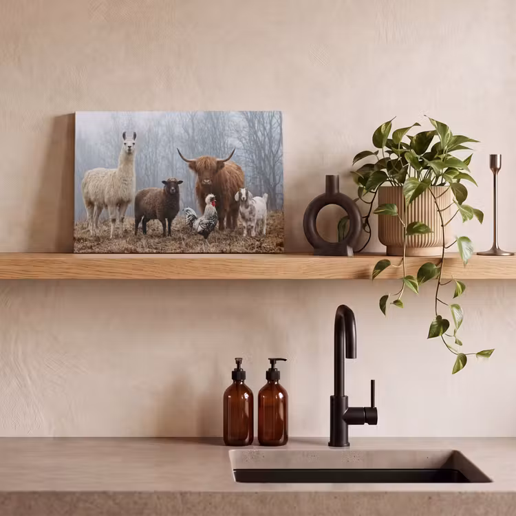 Canvas schilderij - Boerderijdieren - Groep - Mist - Natuur - Rustiek — 3