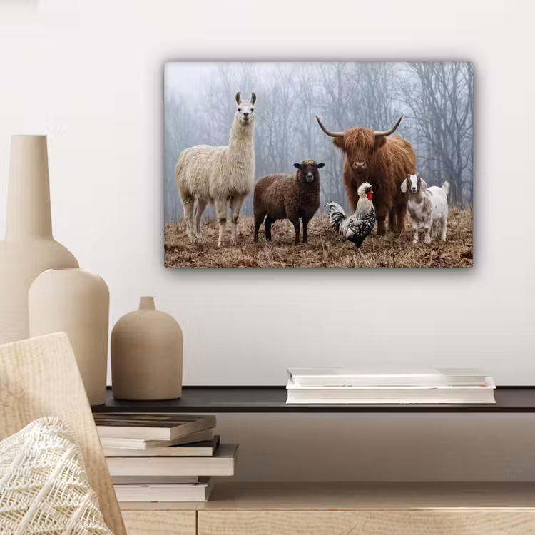 Canvas schilderij - Boerderijdieren - Groep - Mist - Natuur - Rustiek — 5