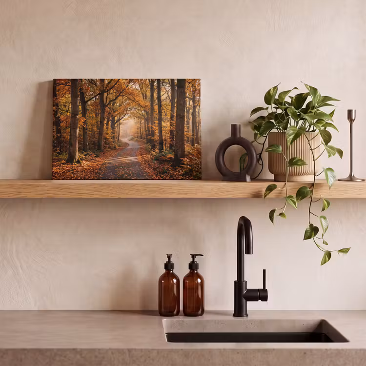 Canvas schilderij - Bospad - Herfstbos - Bladeren - Oranje - Nostalgisch — 3