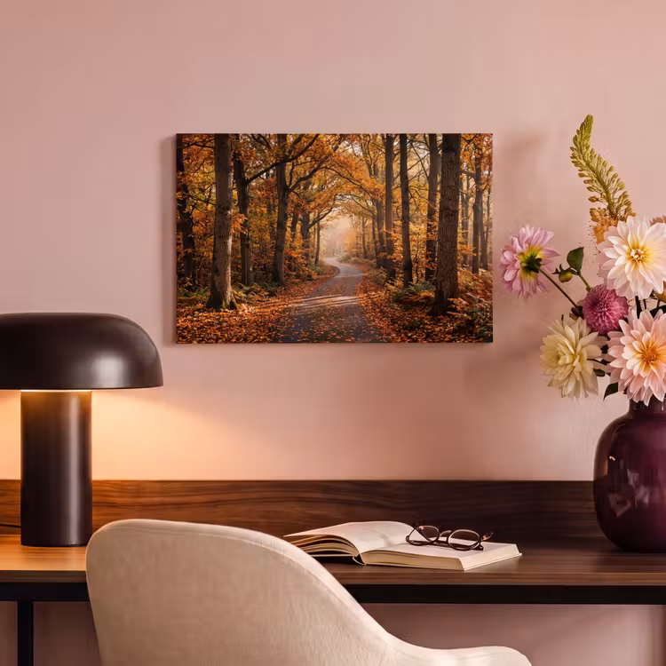 Canvas schilderij - Bospad - Herfstbos - Bladeren - Oranje - Nostalgisch — 4