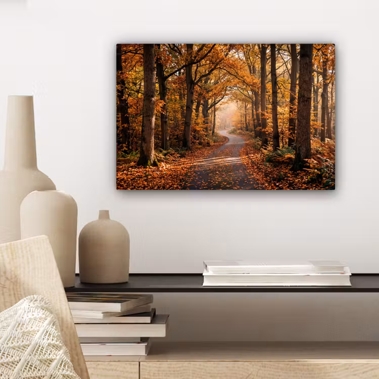 Canvas schilderij - Bospad - Herfstbos - Bladeren - Oranje - Nostalgisch — 5