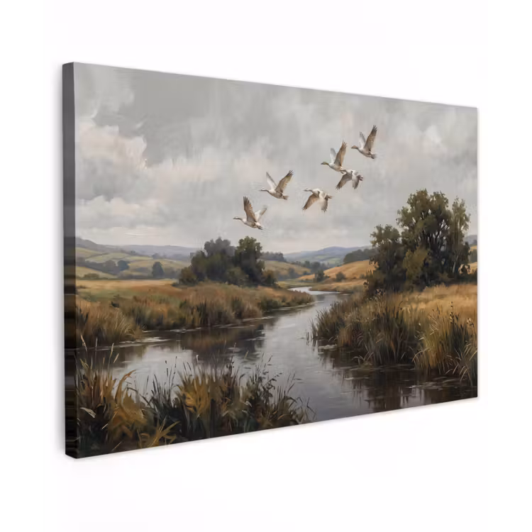 Canvas schilderij - Eenden - Rivier - Landschap - Vlucht - Nostalgisch — 1