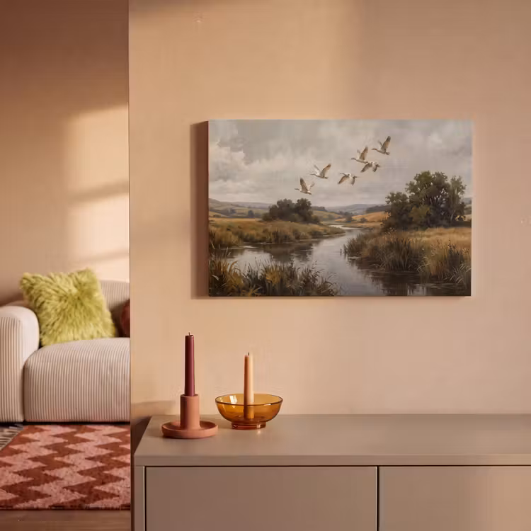 Canvas schilderij - Eenden - Rivier - Landschap - Vlucht - Nostalgisch — 2