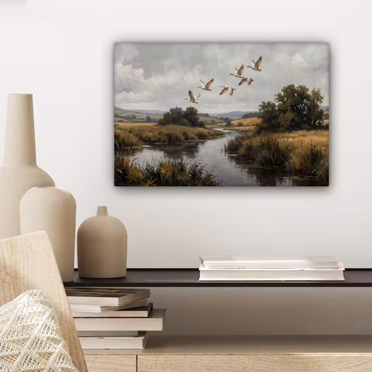 Canvas schilderij - Eenden - Rivier - Landschap - Vlucht - Nostalgisch — 5