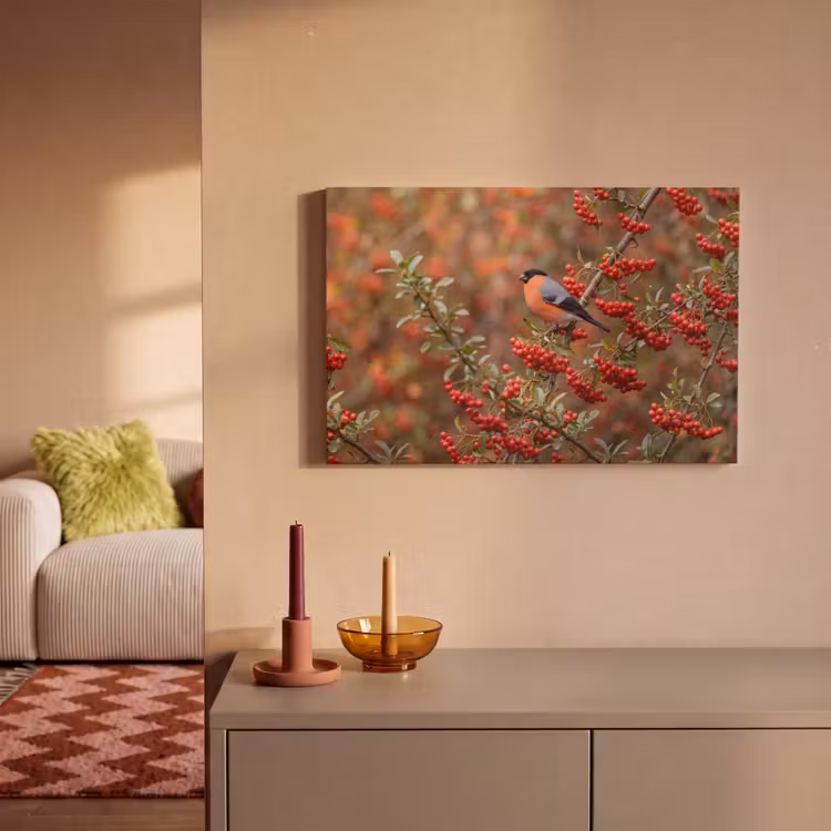 Canvas schilderij - Goudvink - Bessen - Herfst - Natuur - Kleurrijk — 2