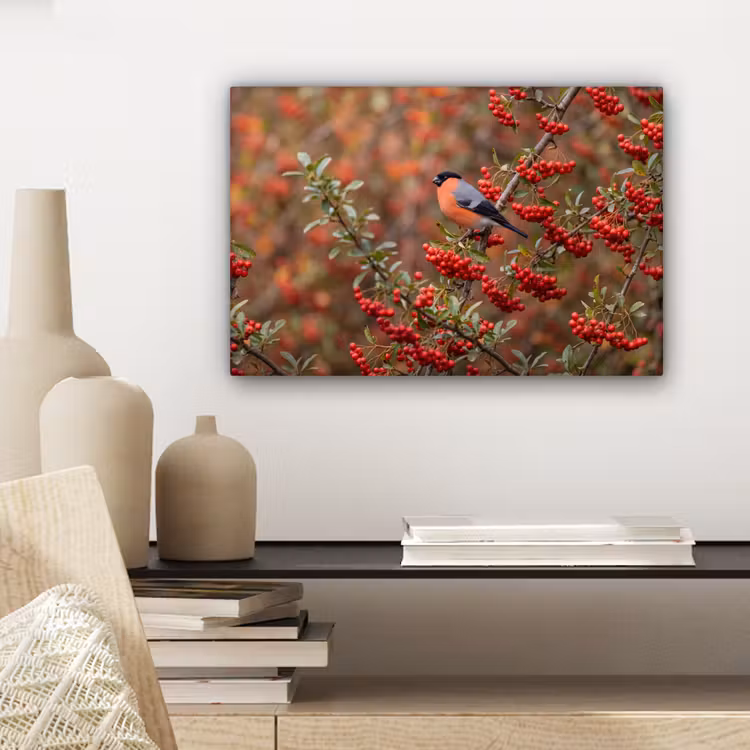 Canvas schilderij - Goudvink - Bessen - Herfst - Natuur - Kleurrijk — 5