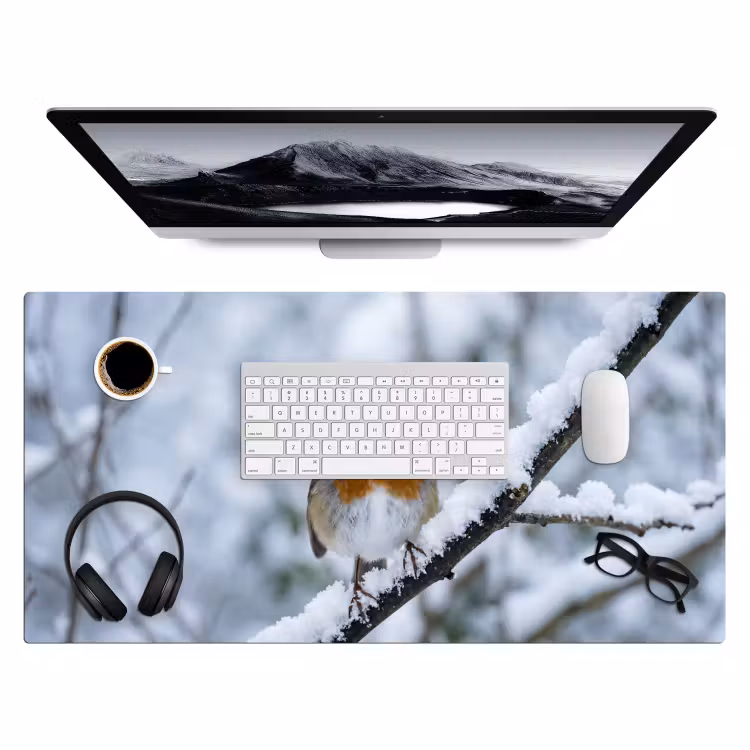 Bureau onderlegger - Roodborstje - Tak - Sneeuw - Winter - Levendig — 4