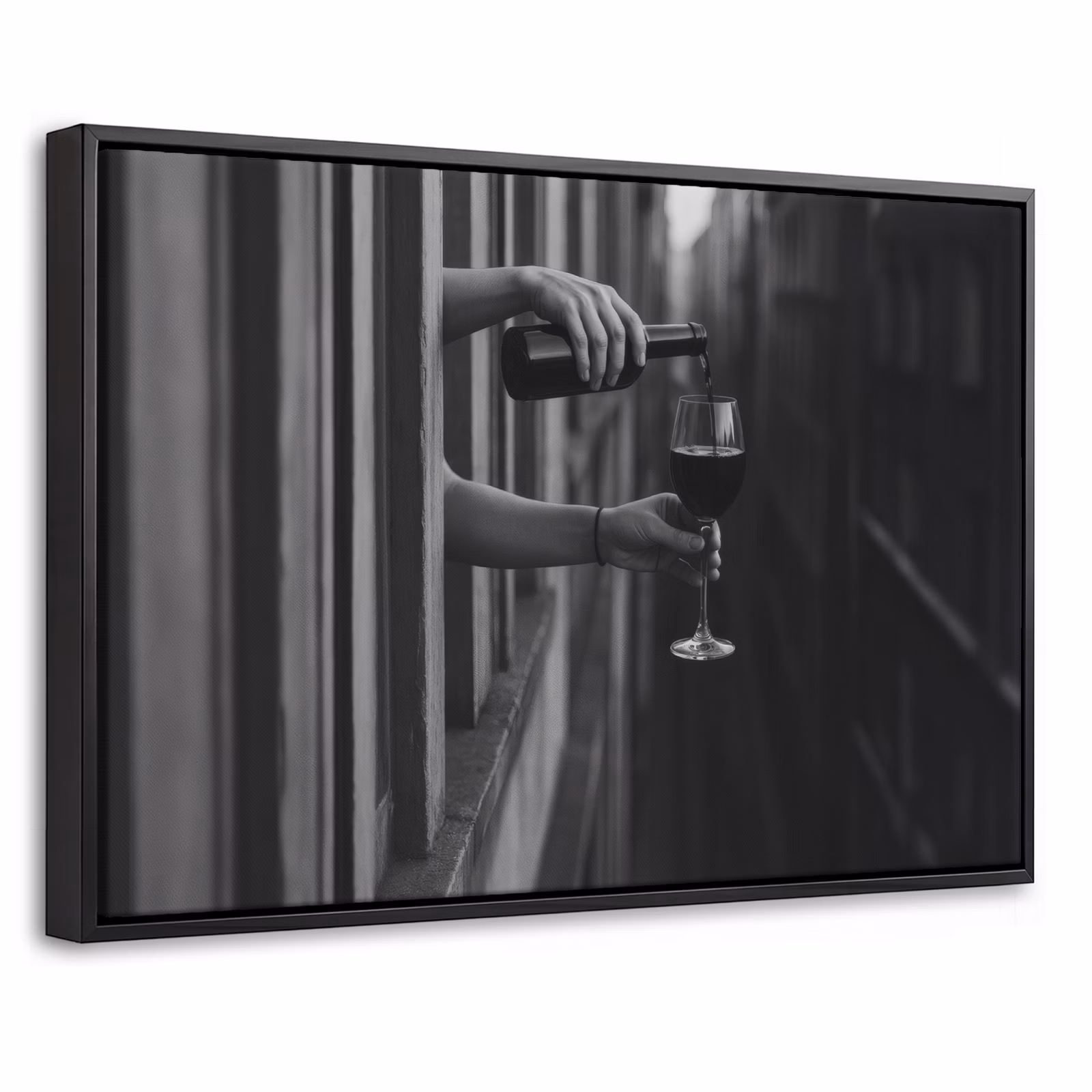 Canvas met lijst - Wijnfles - Glas - Handen - Raam — 1