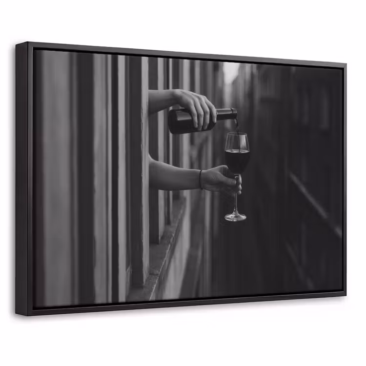 Canvas met lijst - Wijnfles - Glas - Handen - Raam — 1