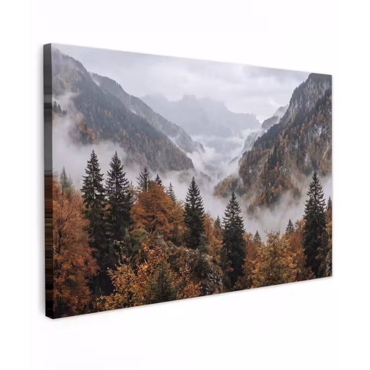 Canvas schilderij - Bergen - Vallei - Mist - Herfst - Natuur — 1