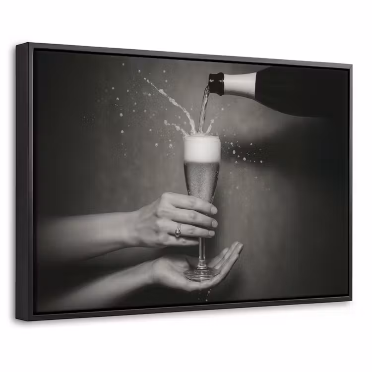 Canvas met lijst - Champagnefles - Glas - Minimalistisch - Spetters — 1