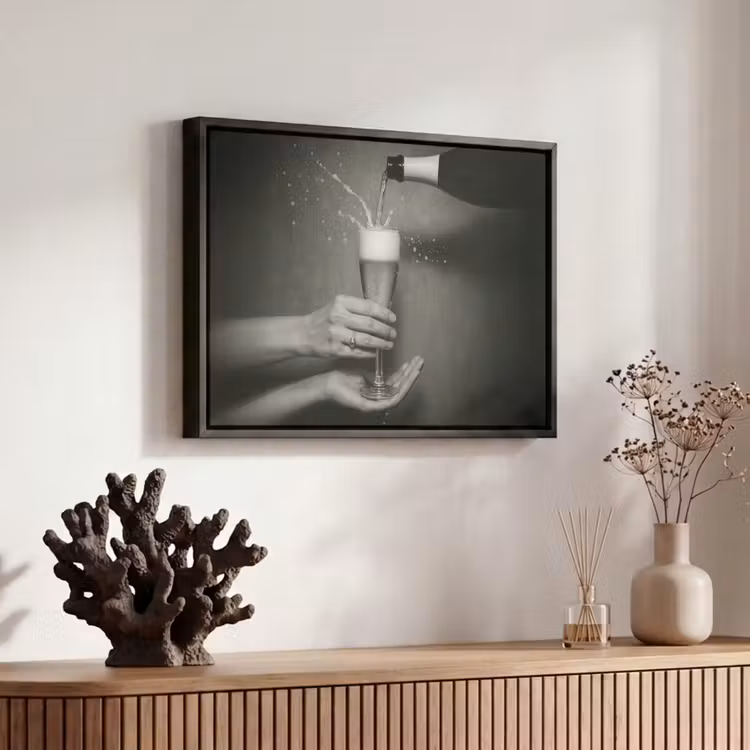 Canvas met lijst - Champagnefles - Glas - Minimalistisch - Spetters — 6