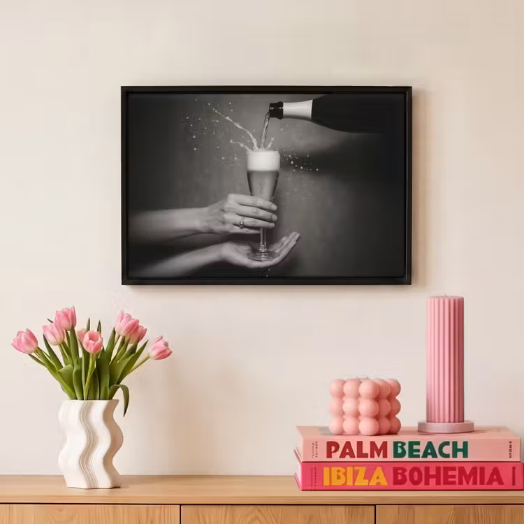 Canvas met lijst - Champagnefles - Glas - Minimalistisch - Spetters — 8