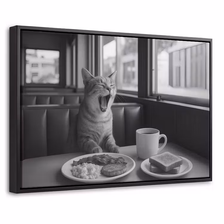 Canvas met lijst - Kat - Koffie - Brood - Zwart — 1