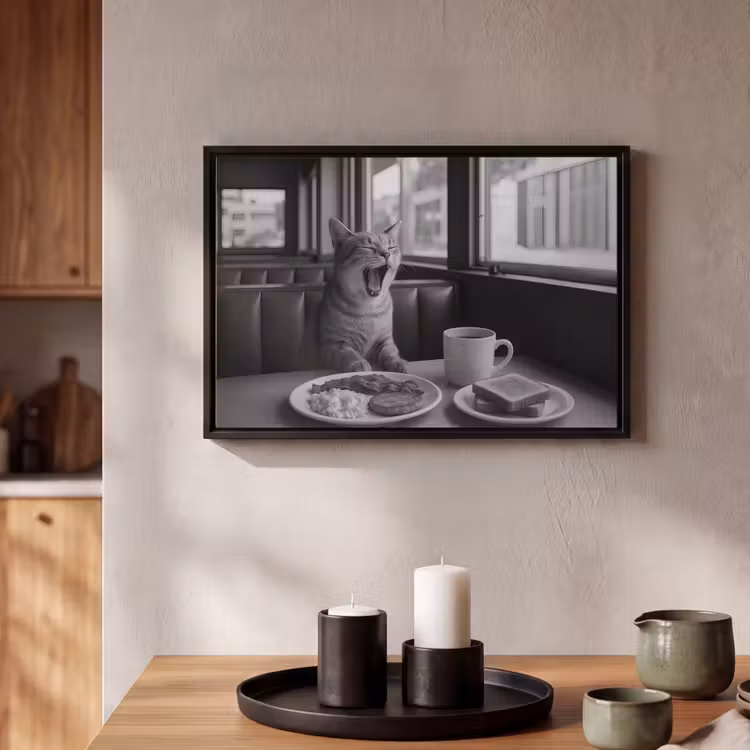 Canvas met lijst - Kat - Koffie - Brood - Zwart — 2