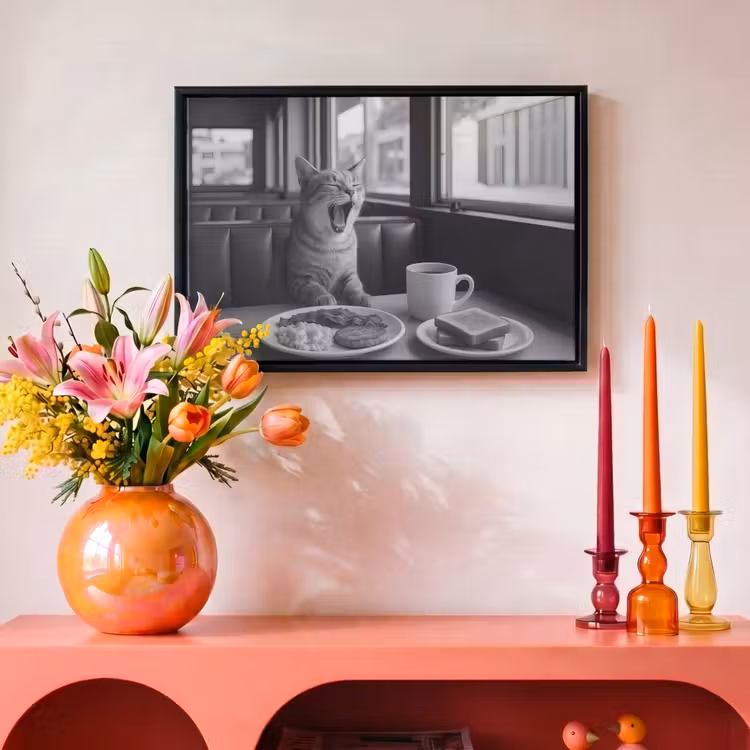 Canvas met lijst - Kat - Koffie - Brood - Zwart — 4