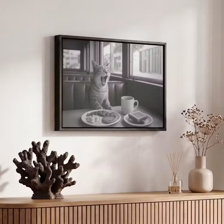 Canvas met lijst - Kat - Koffie - Brood - Zwart — 6
