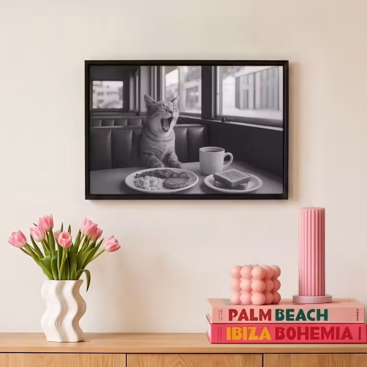 Canvas met lijst - Kat - Koffie - Brood - Zwart — 8