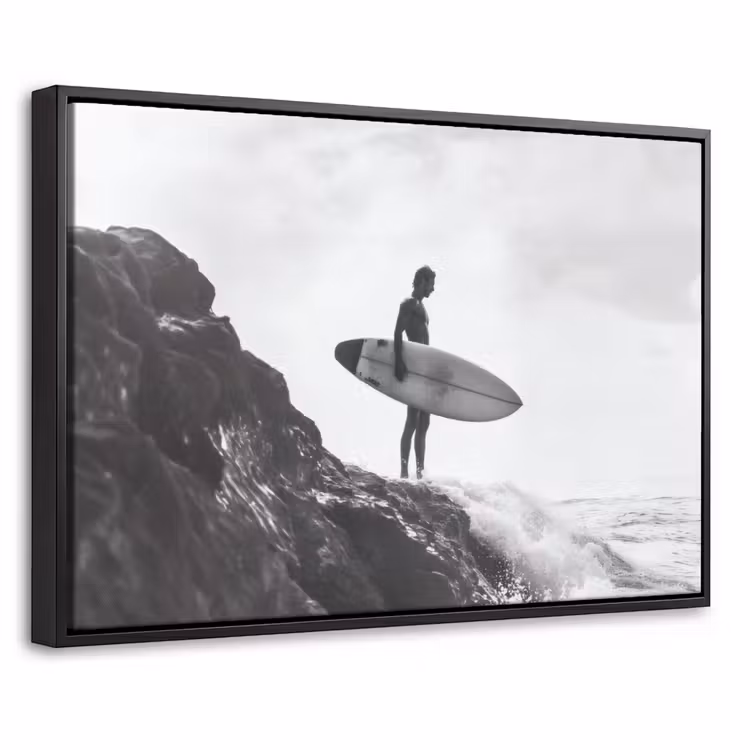 Canvas met lijst - Surfer - Rots - Oceaan - Golven — 1