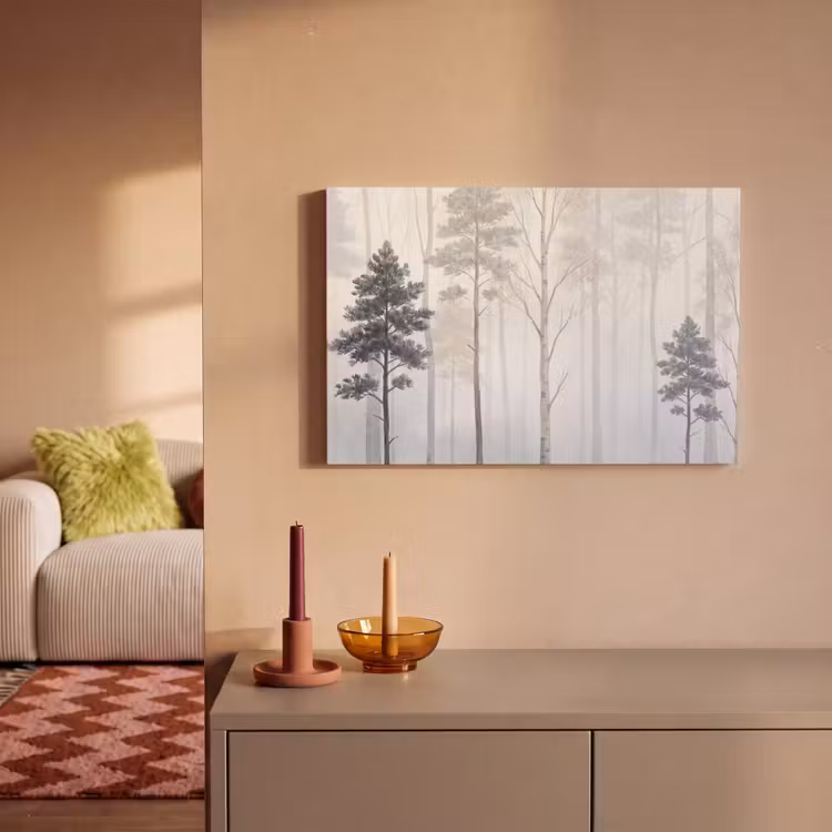 Canvas schilderij - Bos - Bomen - Mist - Natuur - Illustratie - Grijs — 2