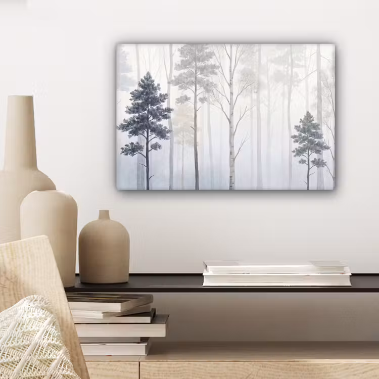 Canvas schilderij - Bos - Bomen - Mist - Natuur - Illustratie - Grijs — 5