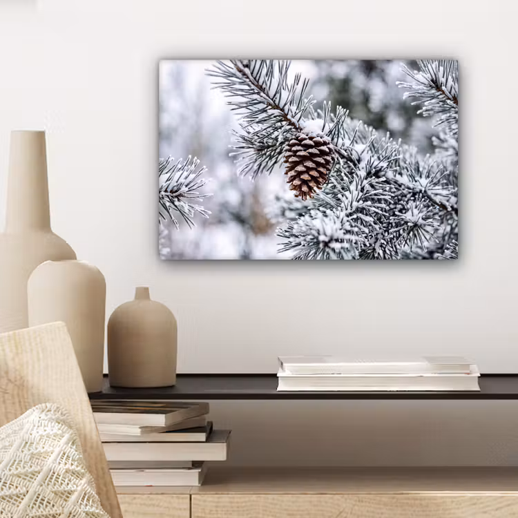 Canvas schilderij - Dennenappel - Tak - Sneeuw - Winter - Sfeervol — 5