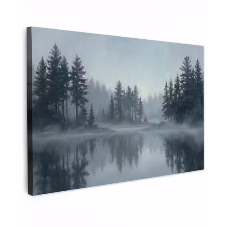 Canvas schilderij - Bos - Meer - Mist - Natuur - Grijs — 1