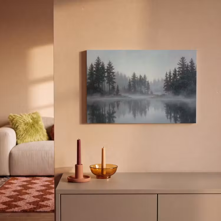 Canvas schilderij - Bos - Meer - Mist - Natuur - Grijs — 2