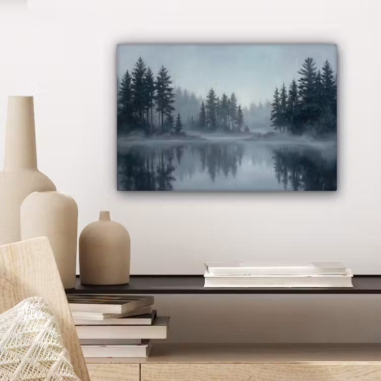Canvas schilderij - Bos - Meer - Mist - Natuur - Grijs — 5