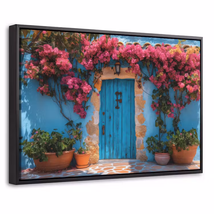 Canvas met lijst - Deur - Hout - Bloemen - Blauw — 1