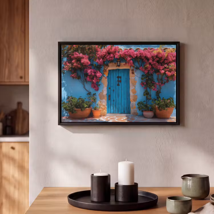 Canvas met lijst - Deur - Hout - Bloemen - Blauw — 2