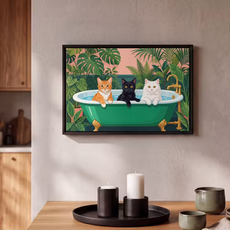 Canvas met lijst - Badkamer - Kattenparade - Kleurrijk — 2
