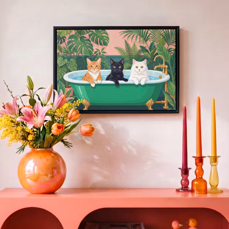 Canvas met lijst - Badkamer - Kattenparade - Kleurrijk — 4