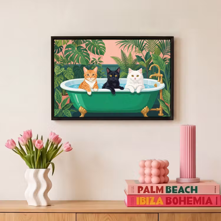 Canvas met lijst - Badkamer - Kattenparade - Kleurrijk — 8