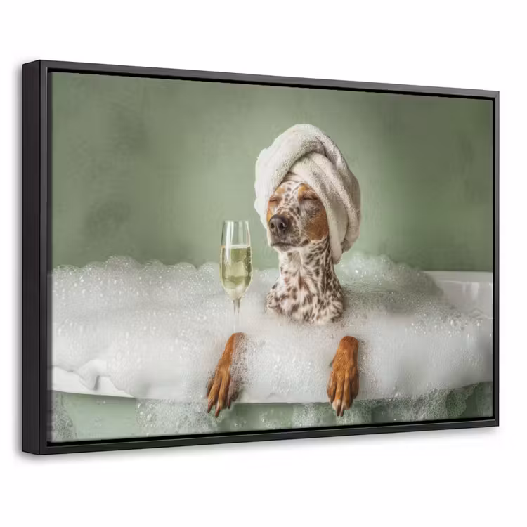 Canvas met lijst - Hond - Bad - Champagne - Handdoek — 1