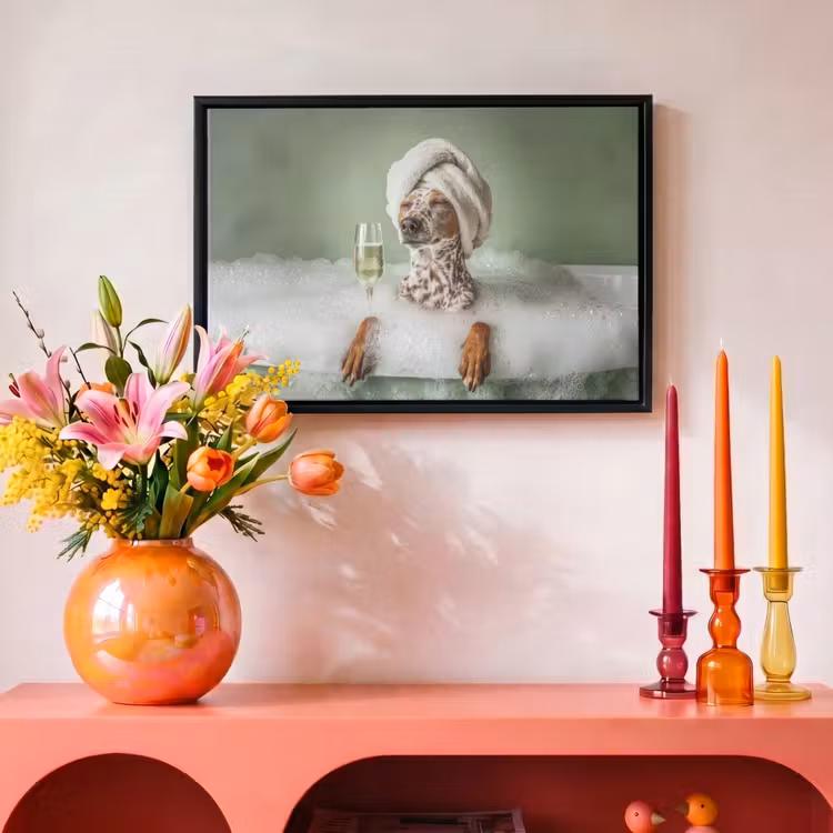 Canvas met lijst - Hond - Bad - Champagne - Handdoek — 4