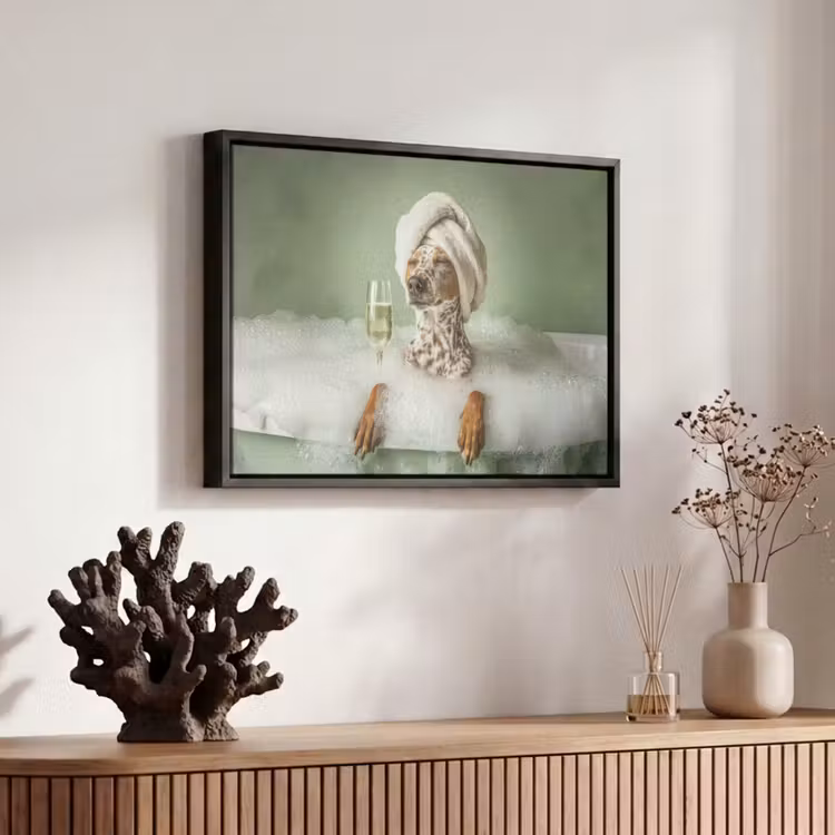 Canvas met lijst - Hond - Bad - Champagne - Handdoek — 6