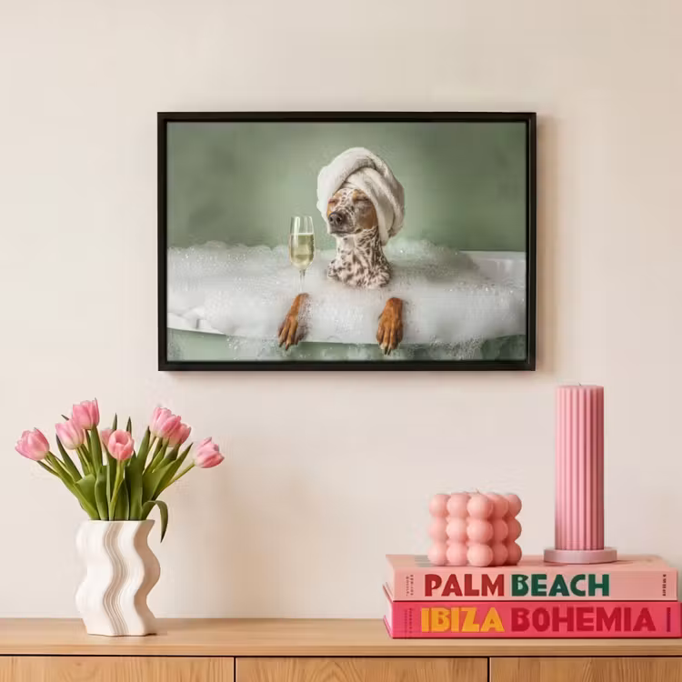 Canvas met lijst - Hond - Bad - Champagne - Handdoek — 8