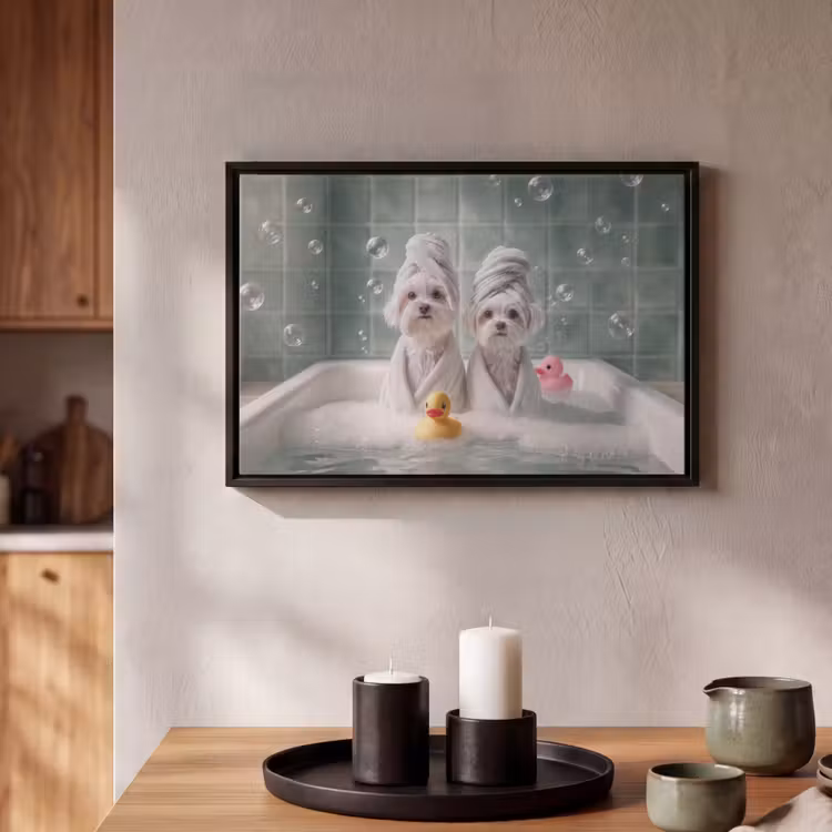 Canvas met lijst - Hondjes - Badkuip - Badeendjes - Handdoeken — 2