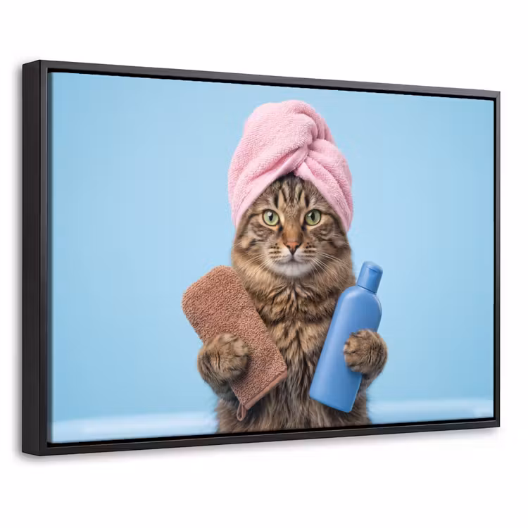 Canvas met lijst - Kat - Handdoek - Washand - Zeep — 1