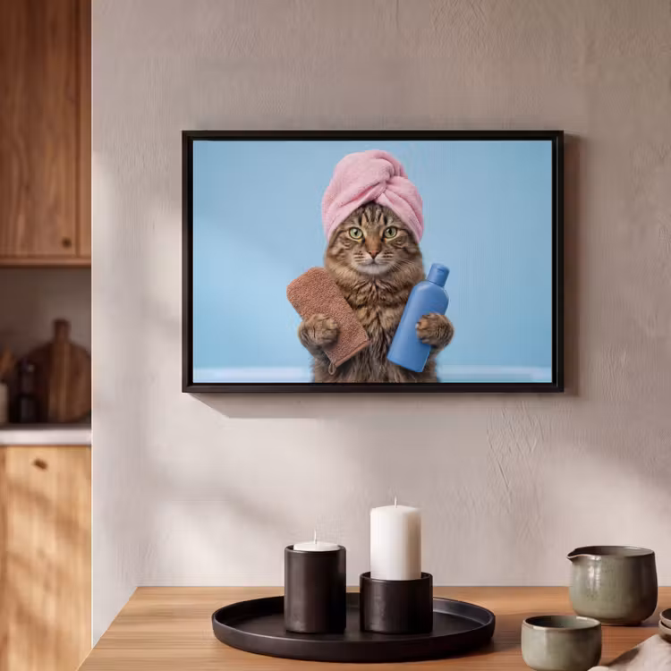 Canvas met lijst - Kat - Handdoek - Washand - Zeep — 2