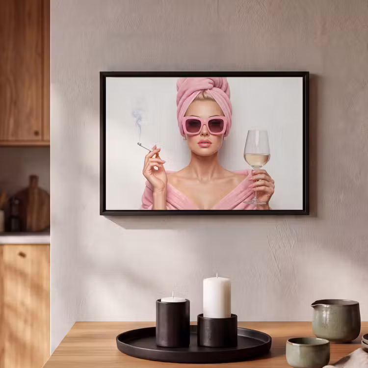 Canvas met lijst - Vrouw - Roze - Wijn - Zonnebril — 2