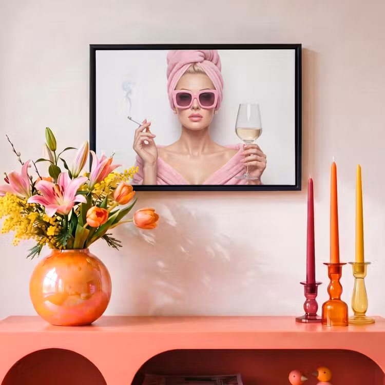 Canvas met lijst - Vrouw - Roze - Wijn - Zonnebril — 4