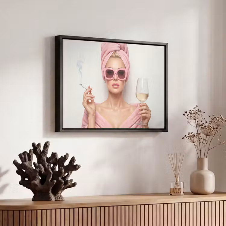Canvas met lijst - Vrouw - Roze - Wijn - Zonnebril — 6